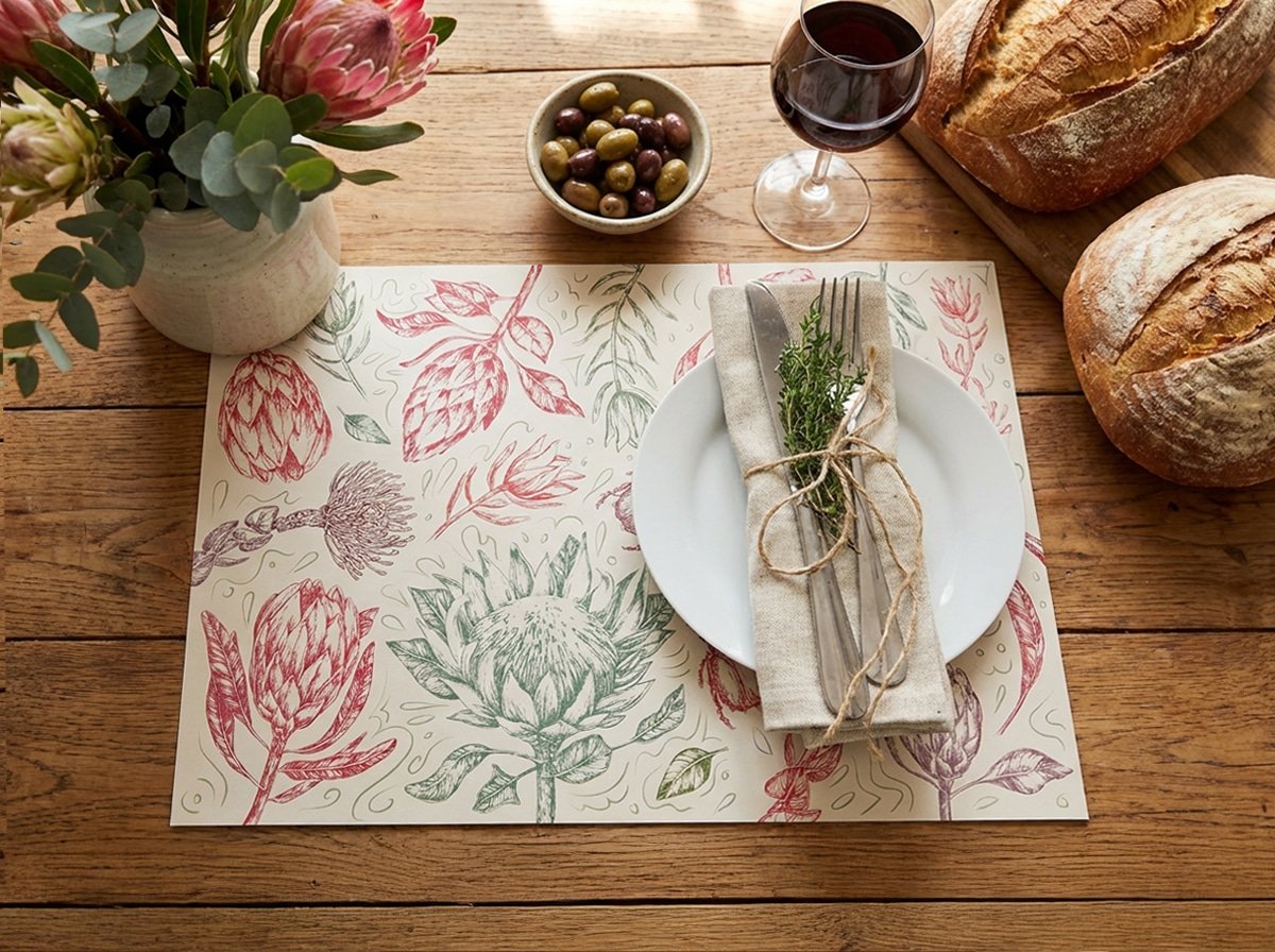 fynbos green + coral placemat for home pg